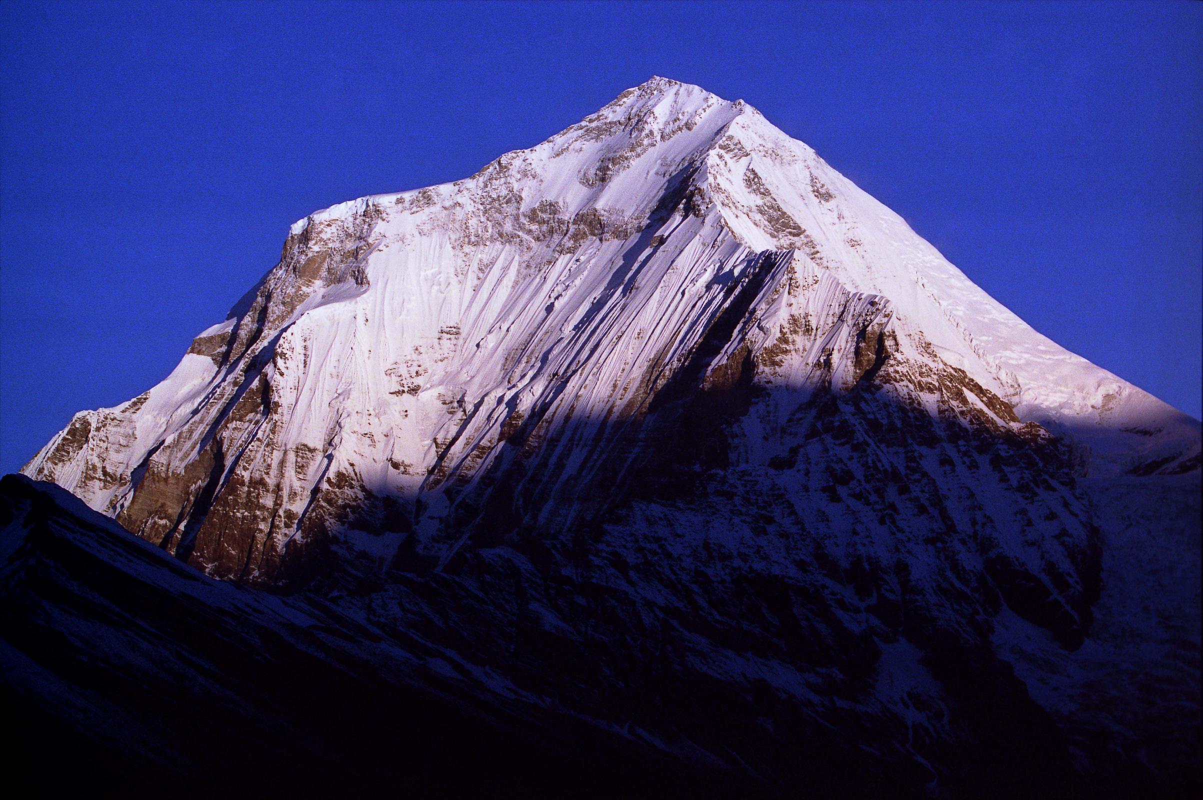 203 Dhaulagiri Sunrise From Shepherds Kharka The sun slowly came down Dhaulagiri and Tukuche Peak at sunrise from Shepherd�s Kharka (3760m) on the way to Annapurna North Base Camp, changing quickly from yellow to bright white.